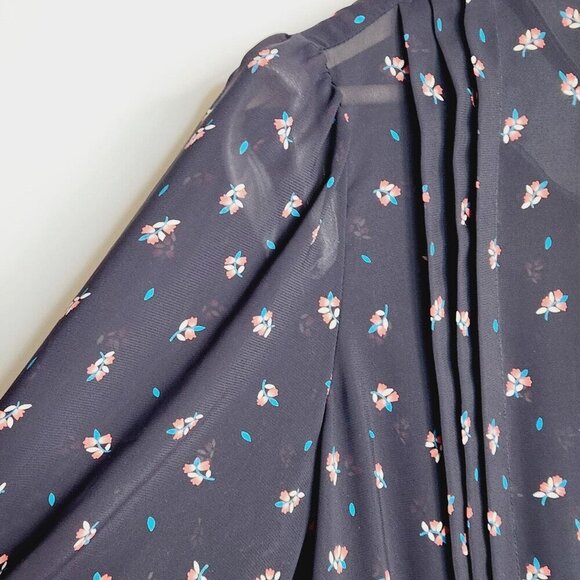 Vintage‎ 70s 80s black floral sheer 3/4 slvs pleat top midi dress M/L grunge - Picture 6 of 9